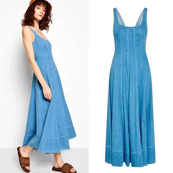 🌺🎉HP🎉🌺 NWT Staud Wells Midi Dress Light Wash Denim - Picture 8 of 16